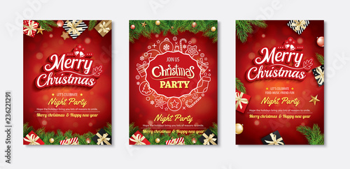 Merry christmas greeting card and party invitations on red background. Vector illustration for happy new year flyer brochure design.