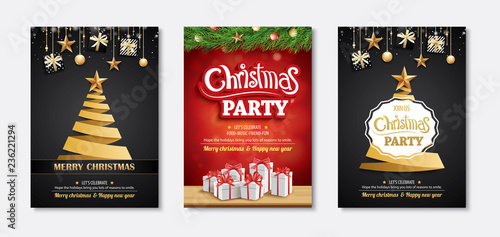 Merry christmas greeting card and party invitations on black background. Vector illustration element for happy new year flyer brochure design.