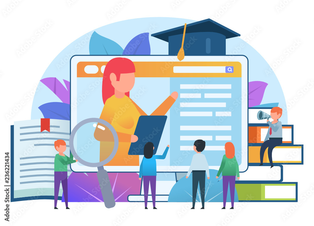 Online education, distance learning concept. Small people stand near educational web page and pile of books. Poster for presentation, social media, banner, web page. Flat design vector illustration Online education, distance learning concept. Small people stand near educational web page and pile of books. Poster for presentation, social media, banner, web page. Flat design vector illustration
