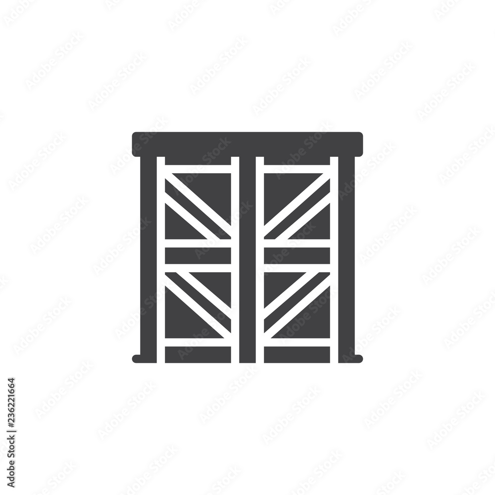 Double wood door vector icon. filled flat sign for mobile concept and web design. Entrance door simple solid icon. Symbol, logo illustration. Pixel perfect vector graphics Double wood door vector icon. filled flat sign for mobile concept and web design. Entrance door simple solid icon. Symbol, logo illustration. Pixel perfect vector graphics