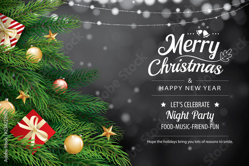 Christmas greeting card with tree and bokeh lights night background. Xmas and happy new year. Vector illustration for cover, banner, template.