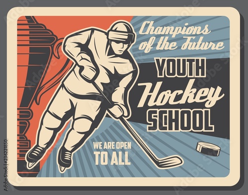 Ice hockey sport poster, player in helmet