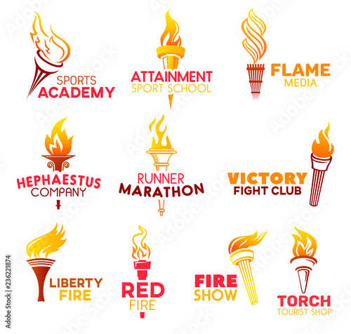 Red flaming fire torch, vector icons