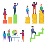 Funny people posing with various charts and diagrams. Man and woman standing on coins stack, climbing career ladder. Flat style vector illustration