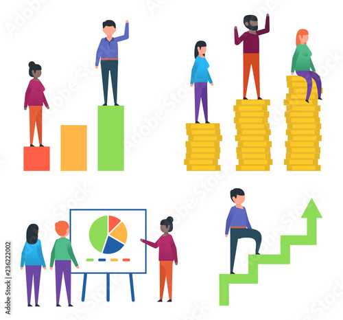 Funny people posing with various charts and diagrams. Man and woman standing on coins stack, climbing career ladder. Flat style vector illustration
