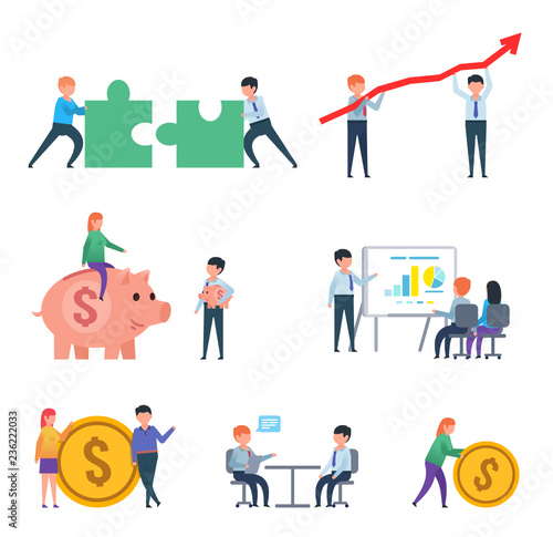 Set of business people in various situations. Business people combine big puzzle, hold growth arrow, ride big piggy bank and other actions. Flat design vector illustration