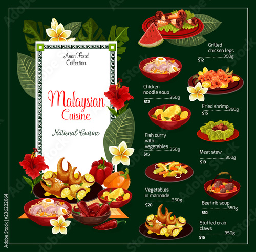 Menu of Malaysian cuisine, soups and meat dishes