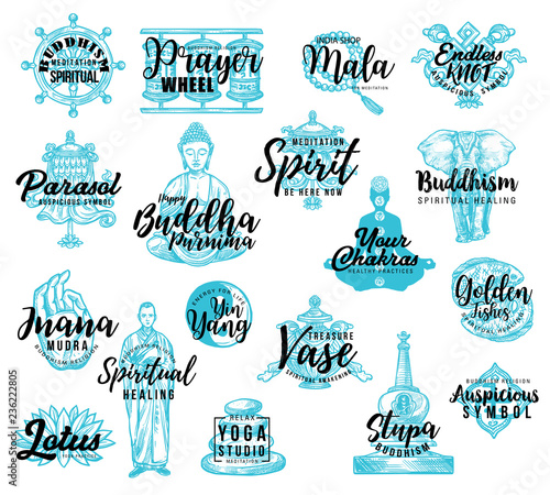 Buddhism religion icons, vector lettering
