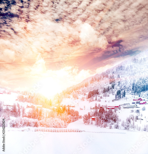 Landscape of winter Norway village