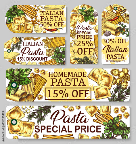 Pasta of Italy sketch banners, vector