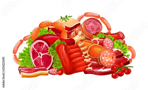 Meat, sausages and butchery delicatessen, vector