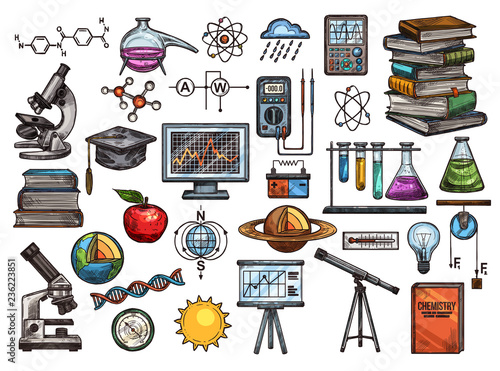 Science and education vector sketch icons