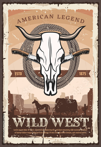 Wild west retro poster, bull skull and knives