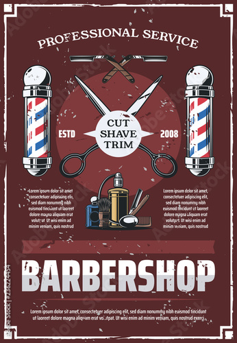 Barbershop pole, scissors, comb, razor and cologne