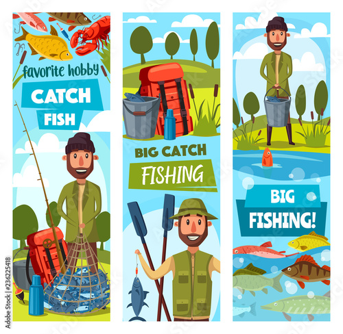 Fishing sport banners, fisherman and ammunition