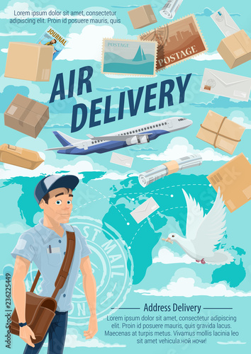 Air mail delivery, mailman and airplane