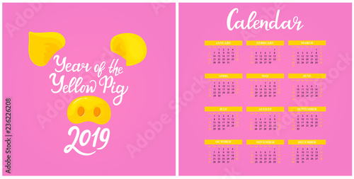 Wall Calendar for 2019 from Sunday to Saturday. Chinese New Year of the yellow pig. Greeting card. Hand lettering.