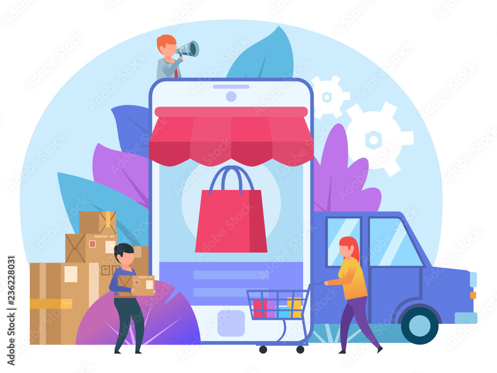 Naklejka premium Online shopping concept. Small people stand near big smartphone, delivery car, packages. Poster for web page, banner, social media, presentation. Flat design vector illustration