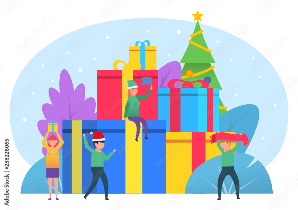 Fototapeta premium Christmas, New Year celebration. Small people stand near big gift boxes, presents. Poster for social media, banner, web page, presentation. Flat design vector illustration
