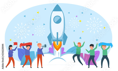 Startup, new business project concept. Small people celebrating, cheering near rocket launching. Poster for web page, banner, social media, presentation. Flat design vector illustration