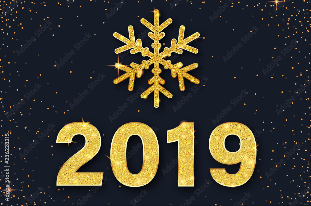 Happy New Year 2019 card with golden snowflake and confetti.
