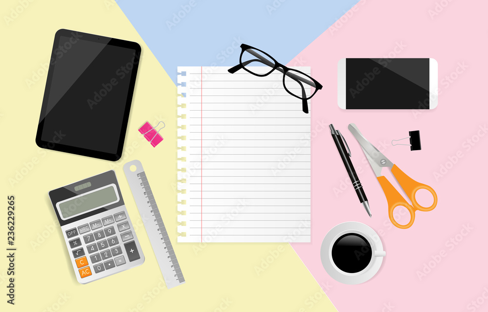 Blank note paper with office suppiles on pastel paper, Flat lay, Top view. Vector illustration Blank note paper with office suppiles on pastel paper, Flat lay, Top view. Vector illustration