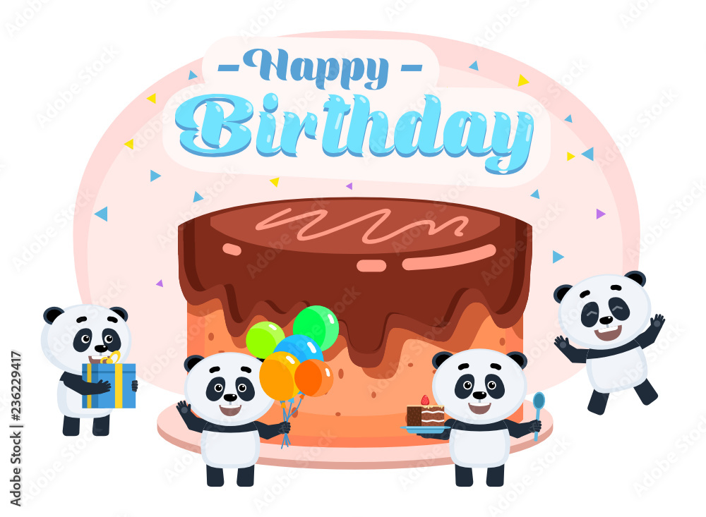 Happy birthday celebration. Cute little pandas stand near big birthday cake and celebrate. Poster for web page, banner, social media, presentation. Flat design vector illustration Happy birthday celebration. Cute little pandas stand near big birthday cake and celebrate. Poster for web page, banner, social media, presentation. Flat design vector illustration