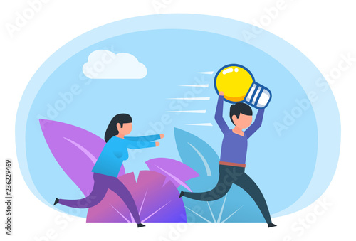 Steal idea, plagiarism. Woman chases thief who stole her idea. Poster for web page, social media, banner, presentation. Flat design vector illustration