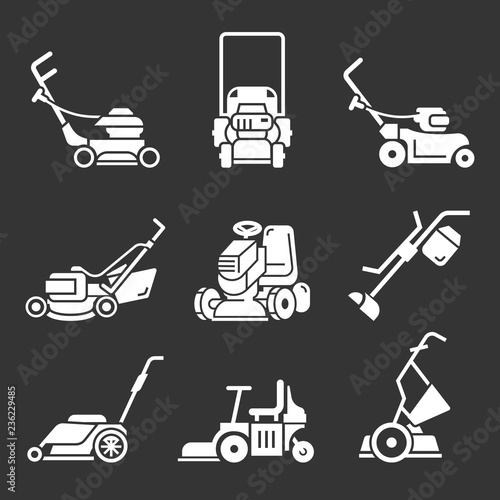 Lawnmower icon set. Simple set of lawnmower vector icons for web design on gray background