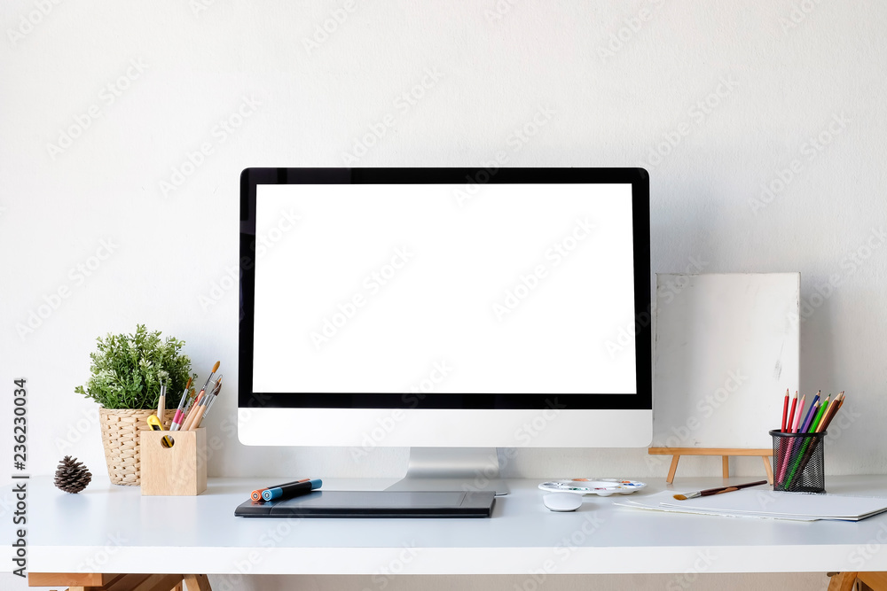 Workplace mockup concept. Mock up desktop computer with graphic designer workplace. Artist workspace with copy space for products display montage.Mockup desktop. Workplace mockup concept. Mock up desktop computer with graphic designer workplace. Artist workspace with copy space for products display montage.Mockup desktop.