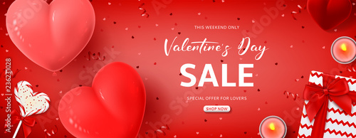 Valentine's Day sale background. Vector illustration with 3d. Top view on composition with red serpentine and confetti, air balloons, gift box and lollipop. Promo seasonal offer.