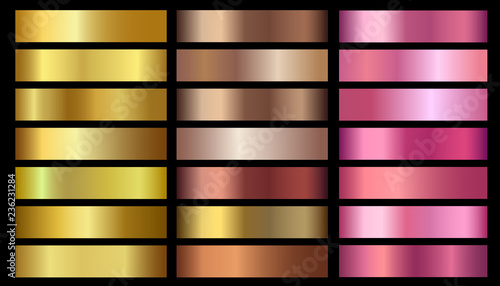 Gold, bronze, rose gold metallic foil texture vector gradients set.