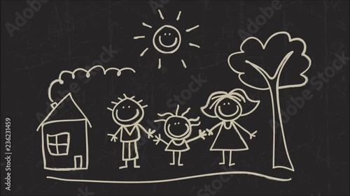 Happy family doodle drawing animation on blackboard