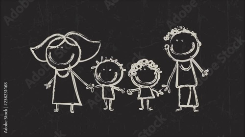 Happy family doodle drawing animation on blackboard