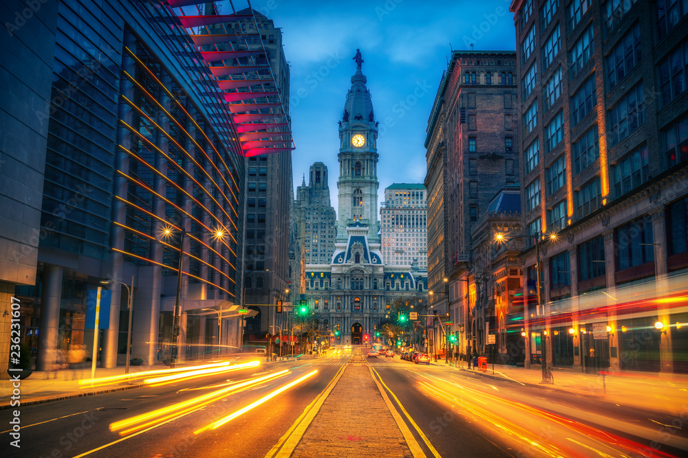 Philadelphia's historic City Hall at dusk