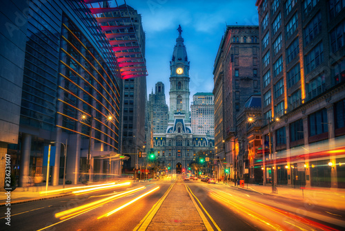 Vászonkép Philadelphia's historic City Hall at dusk