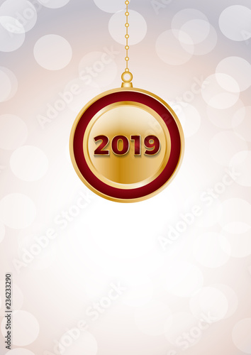 2019 Happy New Year ball on iridescent glitter festive empty background. Shiny sparkles swirling in air.