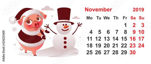 2019 year calendar november month pig makes snowman