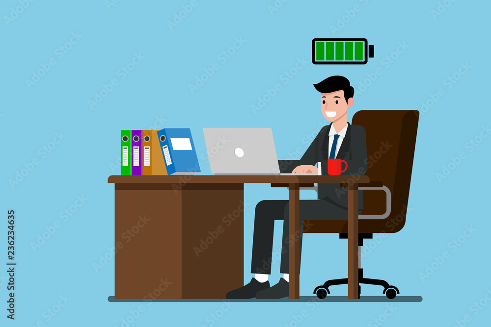 Businessman work very happy at the desk with fully energy. Flat vector illustration design of employee character working with the laptop computer. Businessman work very happy at the desk with fully energy. Flat vector illustration design of employee character working with the laptop computer.