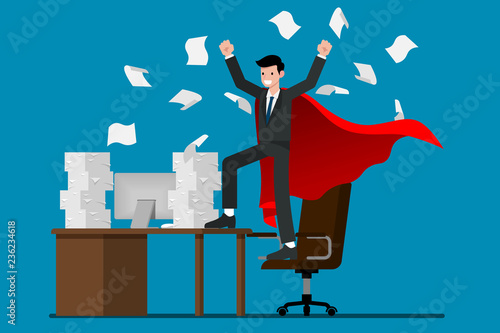 Businessman success at the desk with a lot of work. Flat vector illustration design of employee character with stack of paper finish working very hard with the personal computer.