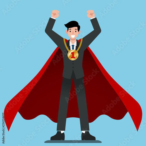 Businessman in red cape get number one gold medal winner with successful in his career. Flat vector illustration design of the employee character congratulation.