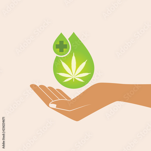 Hand holding oil drop with a marijuana leaf. Medical Cannabis oil. CBD oil cannabis extract. Natural Hemp oil. Icon product label and logo graphic template. Isolated vector illustration.