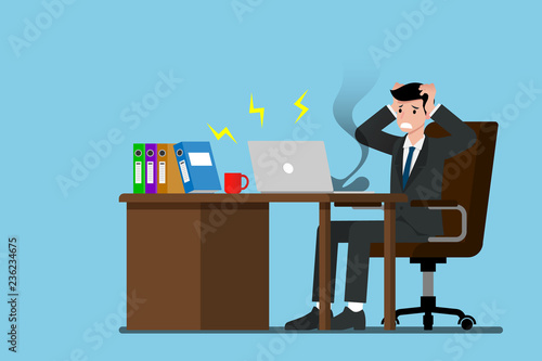 Vector illustration show situation of businessman who cannot continue his work because his laptop is crashed.