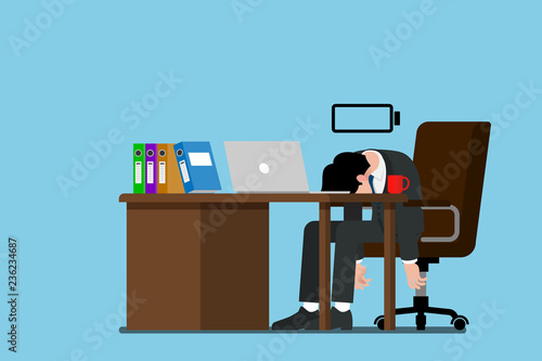 Vector illustration show businessman who run out of energy, exhausted and cannot continue his work.