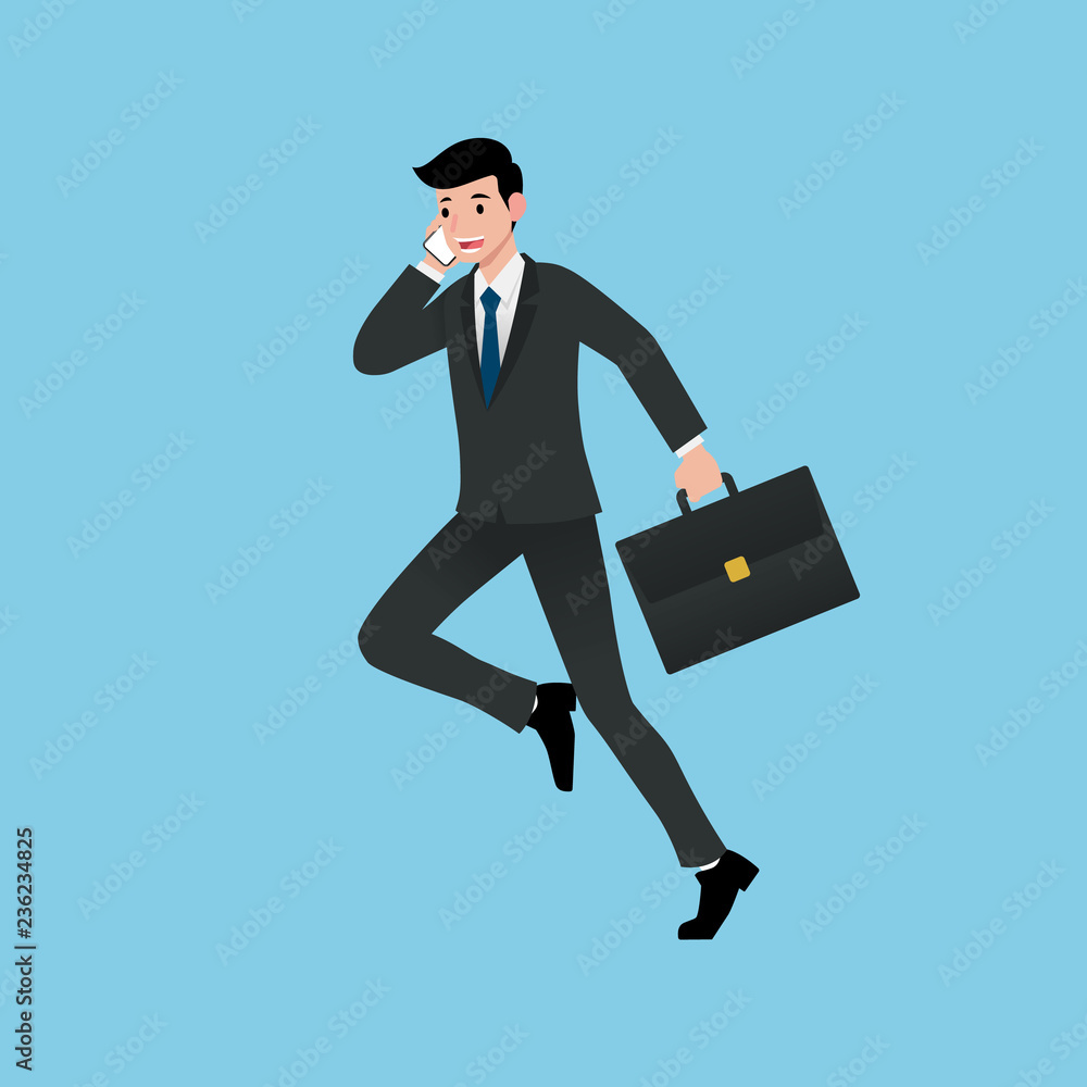 Businessmen smile and running while talking about work, presenting earnings, explaining products, discussing projects and selling or operating. Flat illustrator vector design. Businessmen smile and running while talking about work, presenting earnings, explaining products, discussing projects and selling or operating. Flat illustrator vector design.