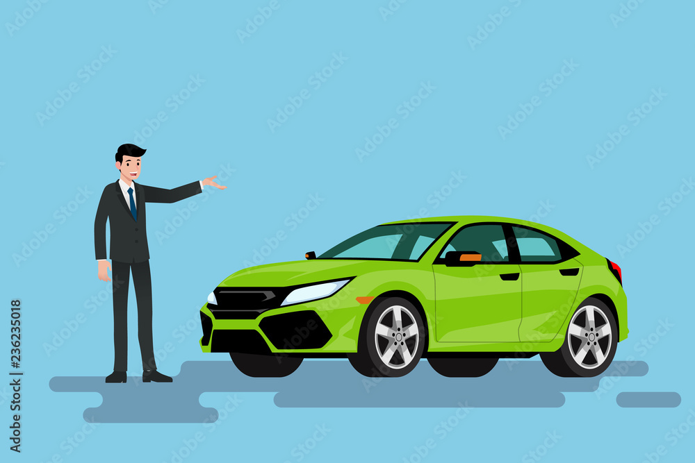 A happy businessman is standing and present his green car that parked on the street.Vector illustration design. A happy businessman is standing and present his green car that parked on the street.Vector illustration design.