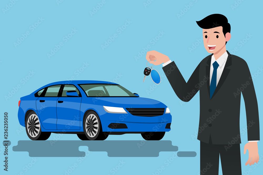 A happy businessman, vehicle seller is standing and holding a key of brand new car for sale. Vector illustration design. A happy businessman, vehicle seller is standing and holding a key of brand new car for sale. Vector illustration design.