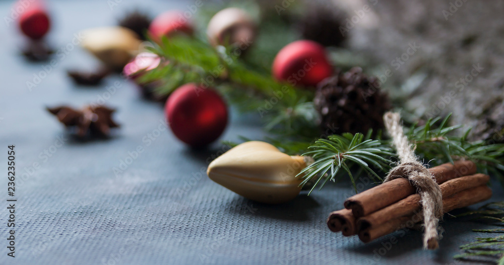 Happy Christmas. The concept of postcards, Christmas greetings, Christmas articles. Christmas cinnamon, tree branches, anise, cones. Close up. Selective focus. Copy space. Happy Christmas. The concept of postcards, Christmas greetings, Christmas articles. Christmas cinnamon, tree branches, anise, cones. Close up. Selective focus. Copy space.