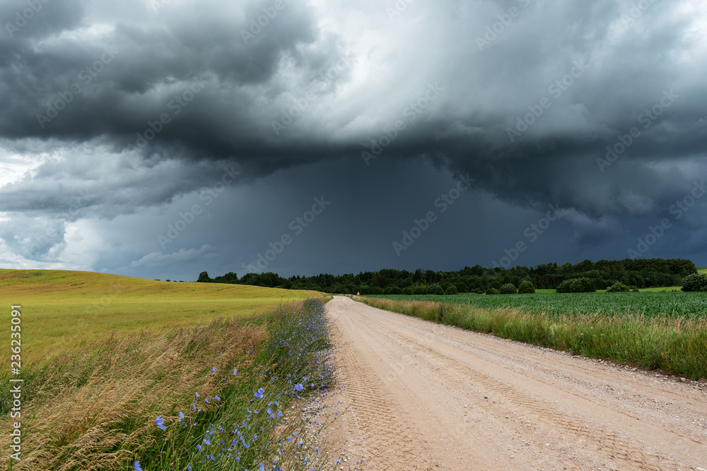Rural gravel road under stormy summer clouds.