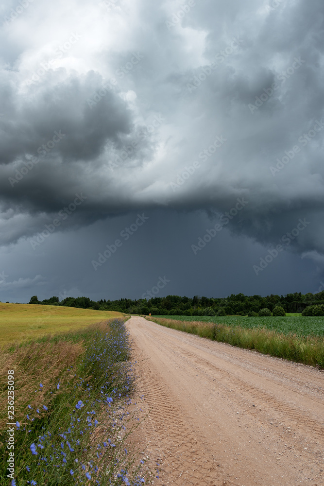 Rural gravel road under stormy summer clouds. Rural gravel road under stormy summer clouds.